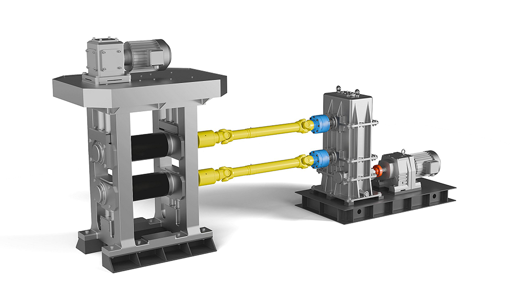 For example, rolling mill drives: The picture shows drive shafts (yellow), overload protection couplings (blue) and shaft-hub connections (red) from the RINGSPANN one-stop shop. (Image: RINGSPANN) Rolling mill drives